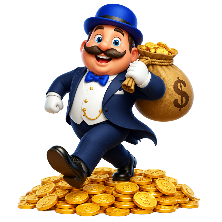 Mr Bet Casinon maskotti kantaa kolikkosäkkiä